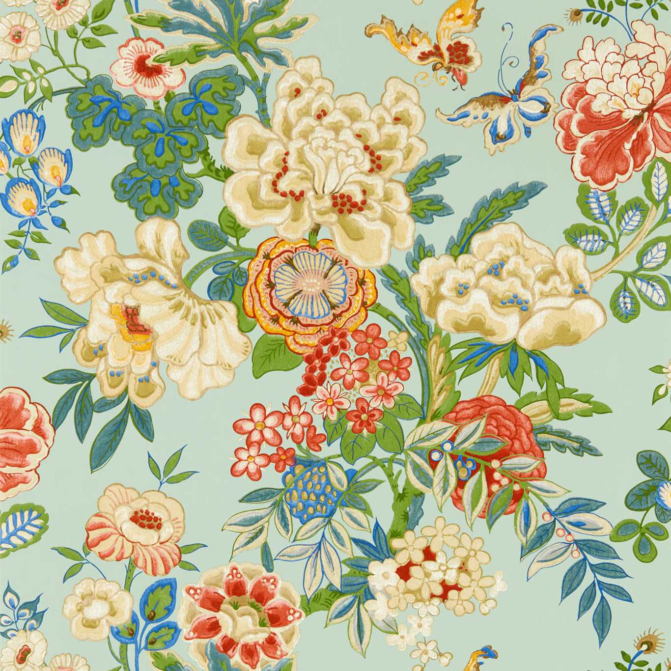SANDERSON Emperor Peony Wallpaper Classic Floral Jade,Apricot Gravure - Wide Width Printed Wallpaper - DWAW217122