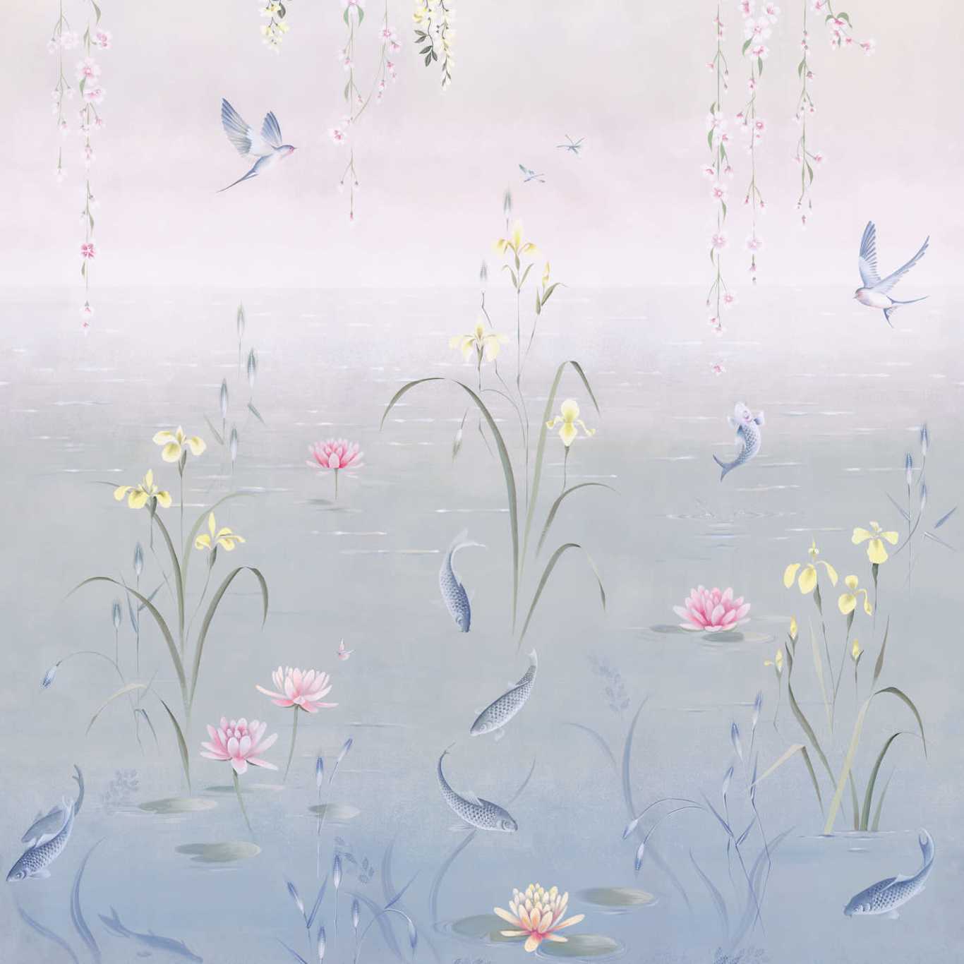SANDERSON Water Garden Wallpaper Animals Soft Jade,Pink Blossom Digital Printed Wallpaper Wide Width - DWAW217131