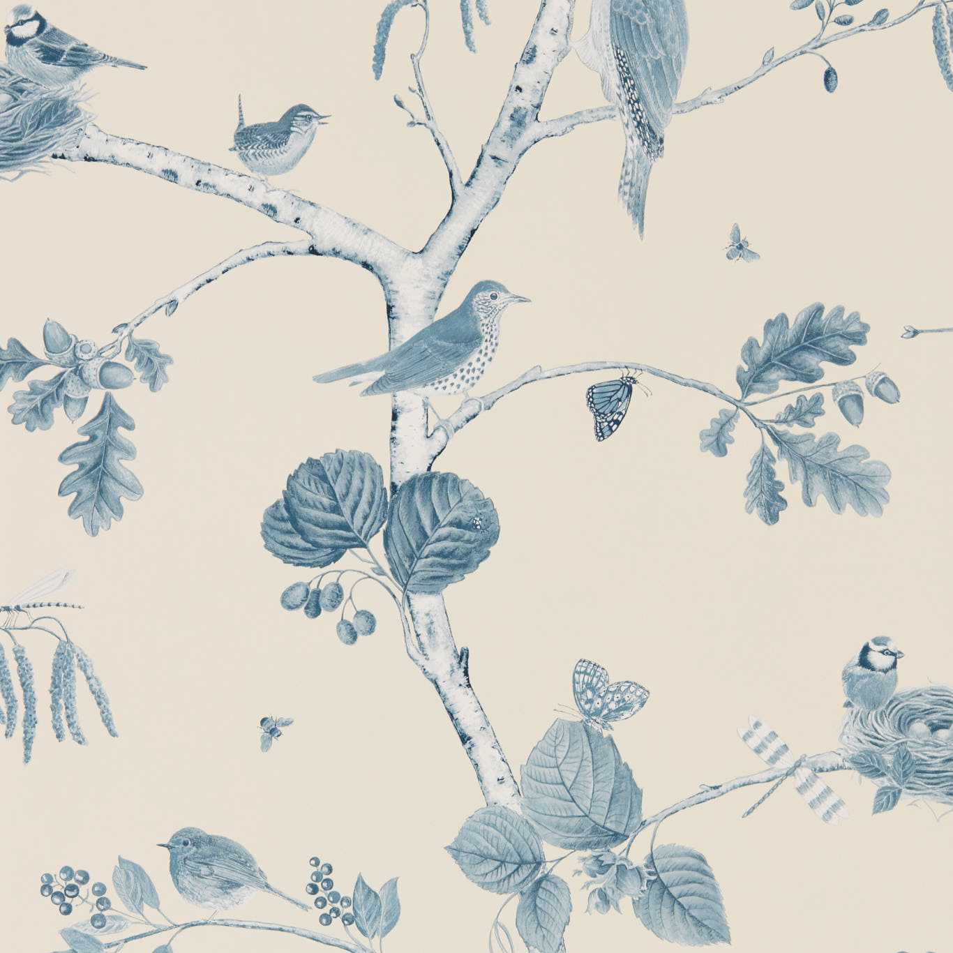 SANDERSON Woodland Chorus Wallpaper Birds Indigo,Ecru Gravure Printed Wallpaper - DWOW215705