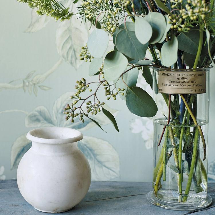 Chestnut Tree wallpaper by Sanderson in grey blue and sage featuring watercolor horse chestnut blossoms with pencil detailing, luxury botanical floral designer wallcovering for cottagecore, farmhouse, and classic interiors.