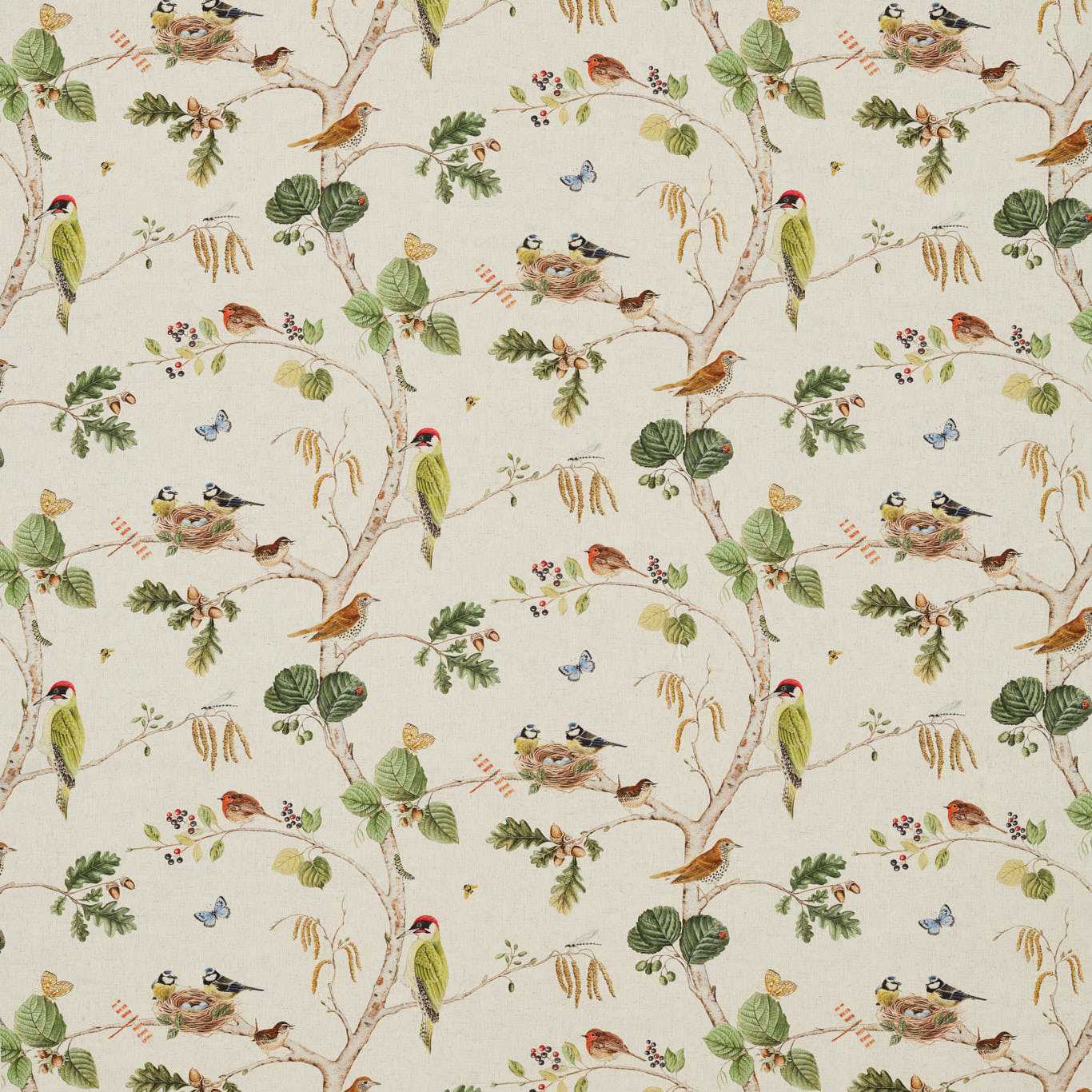SANDERSON Woodland Chorus Fabric Birds Linen,Multi - DWOW225511