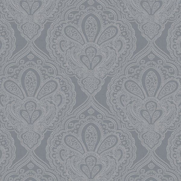 Grey-blue damask wallpaper with pale, intricate motifs in a repeating classic pattern for walls.