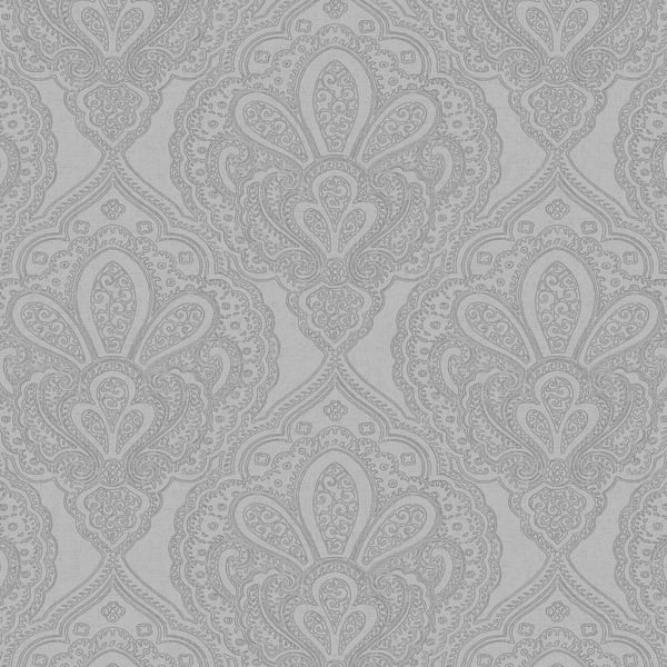 Soft gray damask wallpaper with intricate paisley and floral scroll motifs in a repeating pattern.
