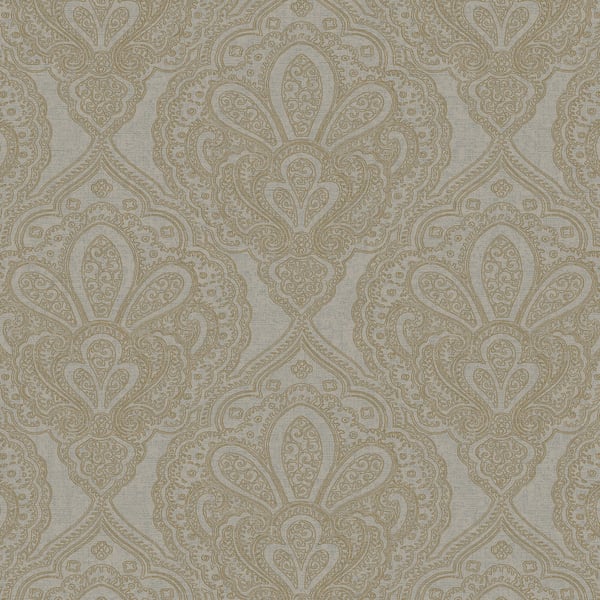 Beige damask wallpaper with ornate gold floral pattern and scrolling motifs.