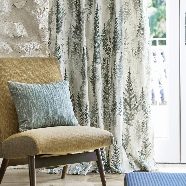 Sanderson Elysian Fabric showing soft printed linen with a painterly landscape of rolling hills and meadows in subtle natural tones — ideal for drapery and upholstery.