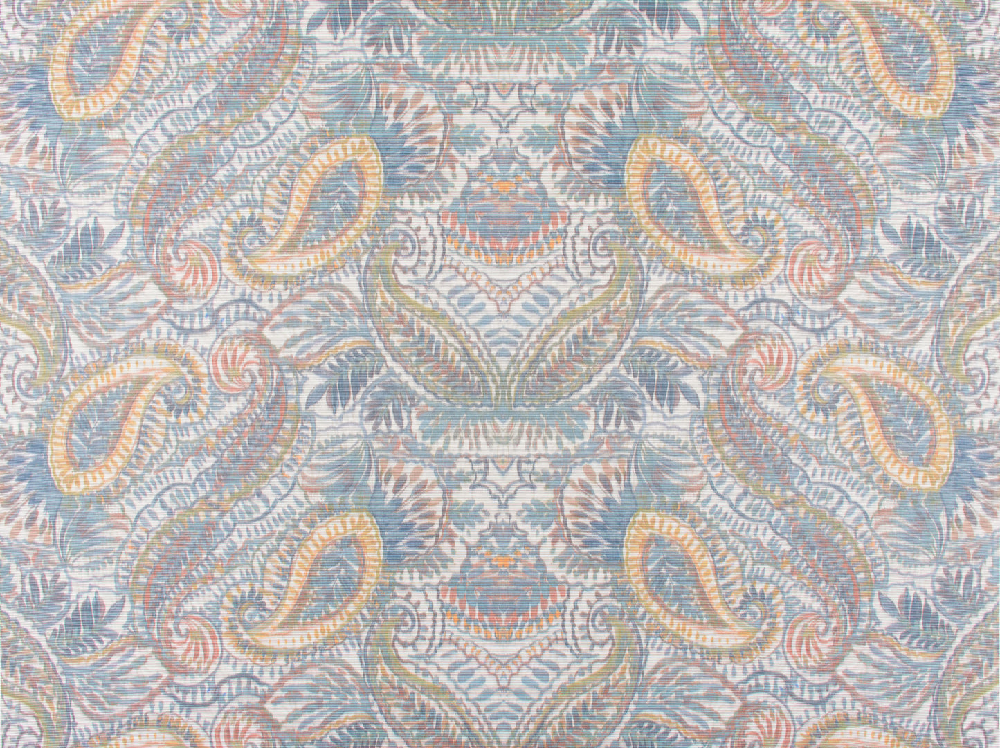 Pastel paisley-patterned fabric in blue-gray with pale yellow and peach swirls and leafy vines.