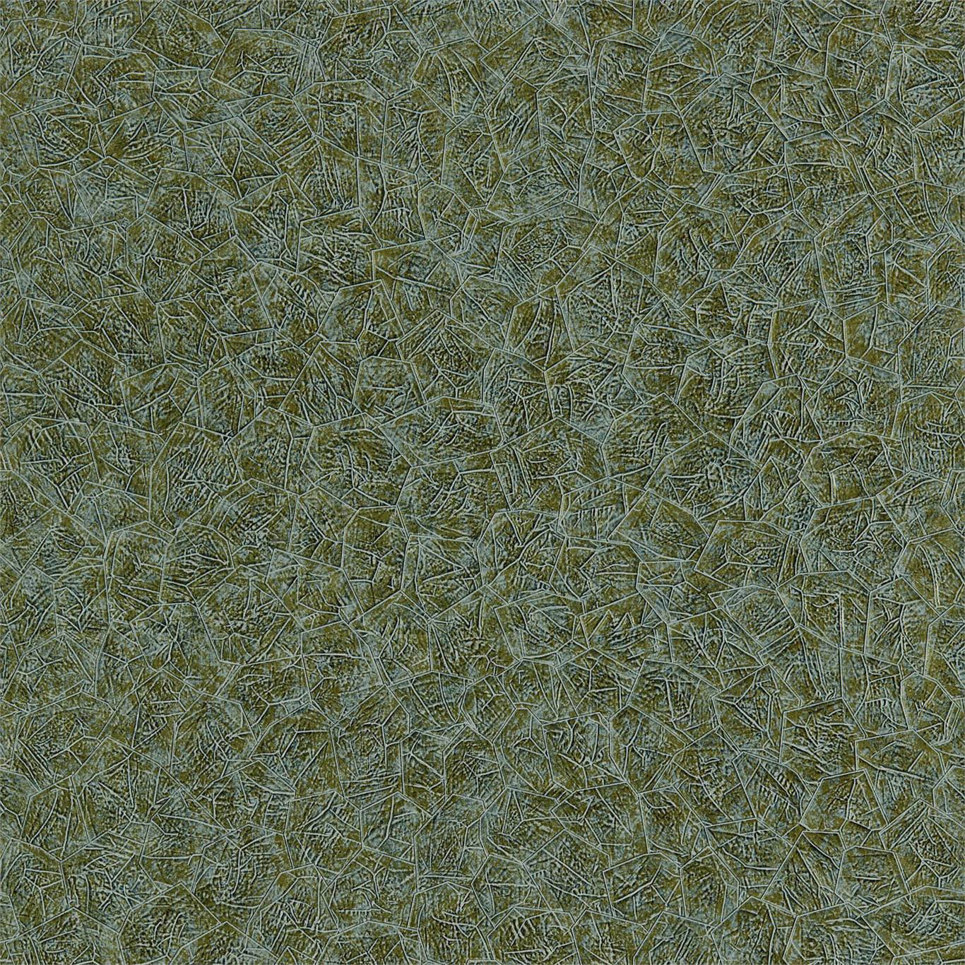 Olive-green embossed vinyl wallpaper with a geometric cracked polygon pattern; faux leather look.