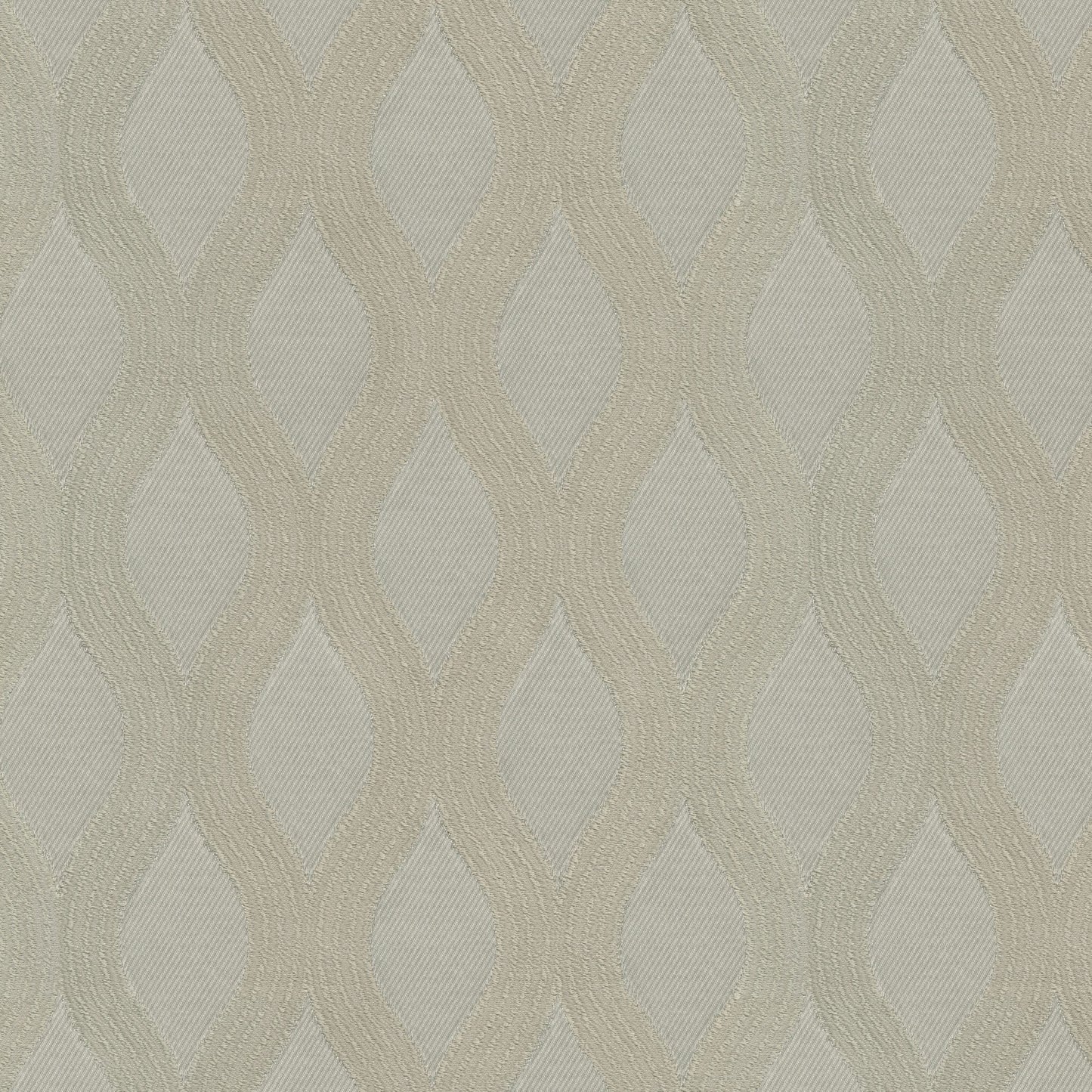 Beige damask-style jacquard fabric with a raised interlocking diamond/leaf pattern on a neutral background.