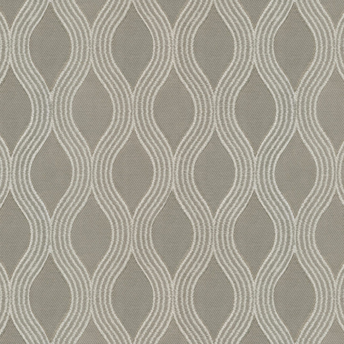 Taupe upholstery fabric with a scroll and ogee jacquard pattern; textured woven look.