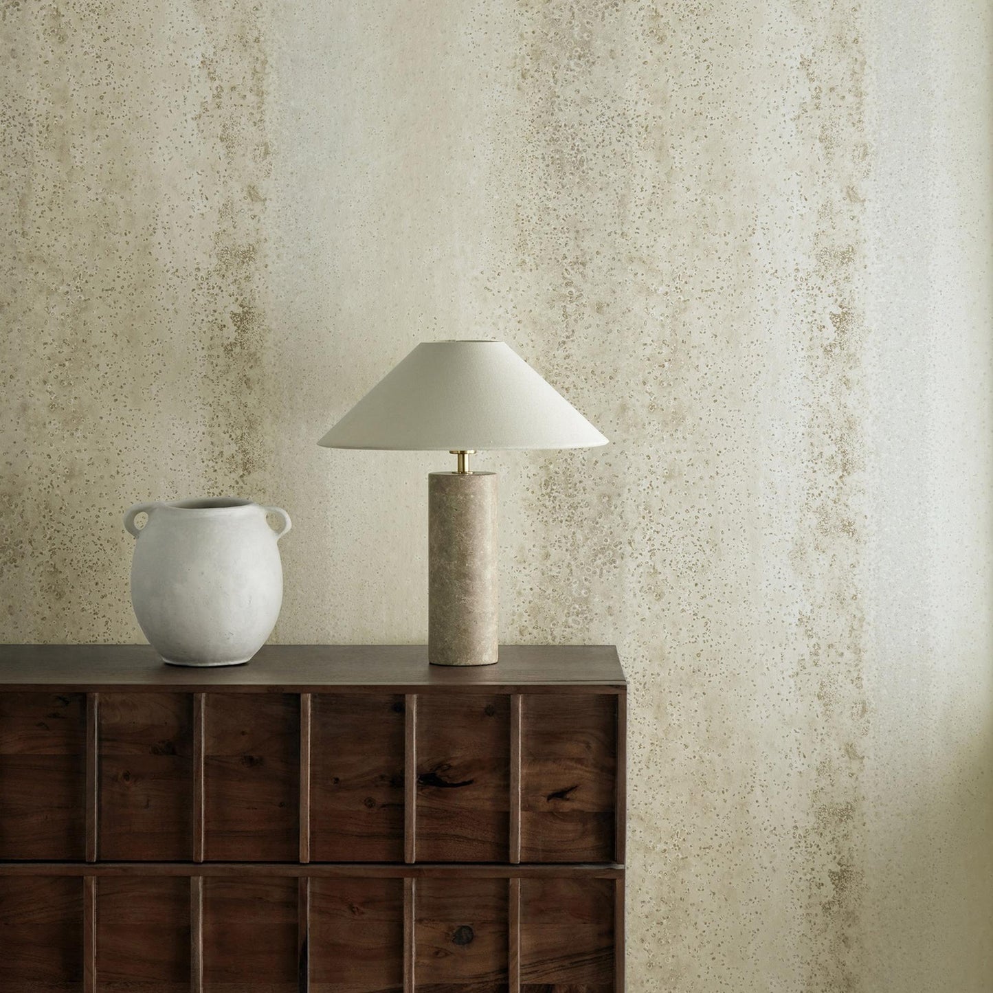 Harlequin Sabkha wallpaper in smoky quartz colorway featuring abstract textured pattern inspired by salt flats, modern neutral wallpaper design, layered tonal wallcovering, contemporary minimalist wallpaper for living room and bedroom, elegant gray and taupe tones, luxury designer wallpaper, high-end interior design, subtle statement wall decor, Harlequin wallcovering Sabkha collection