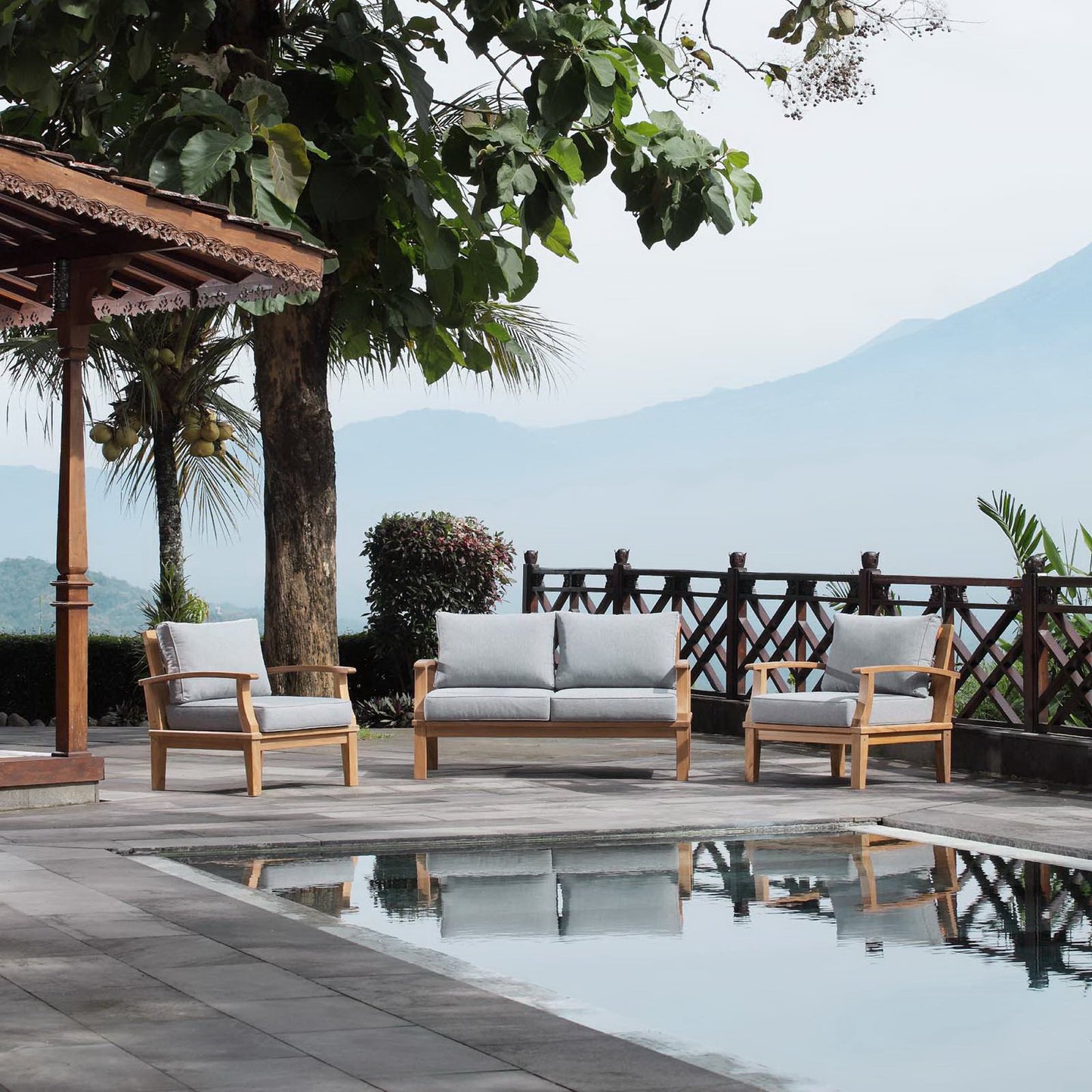 Modway - Marina 3 Piece Outdoor Patio Teak Set by Modway Outdoor Furniture Sofa Sectionals Gray - EEI-1470-NAT-GRY-SET