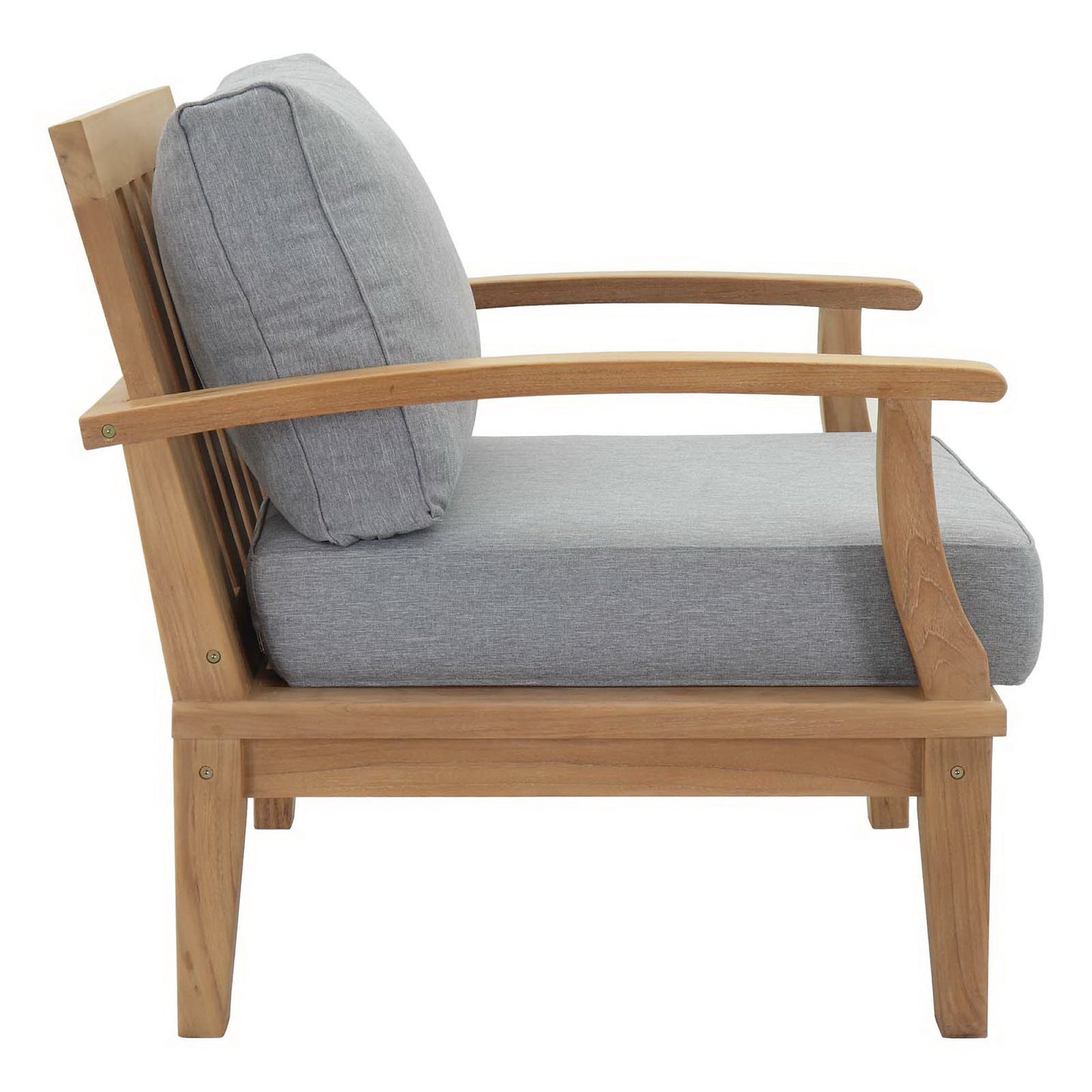 Natural wood outdoor lounge chair with light gray cushions and curved armrests.