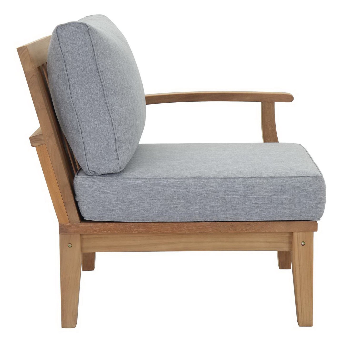 Natural wood frame lounge chair with light gray fabric cushions, mid-century style for living room seating.