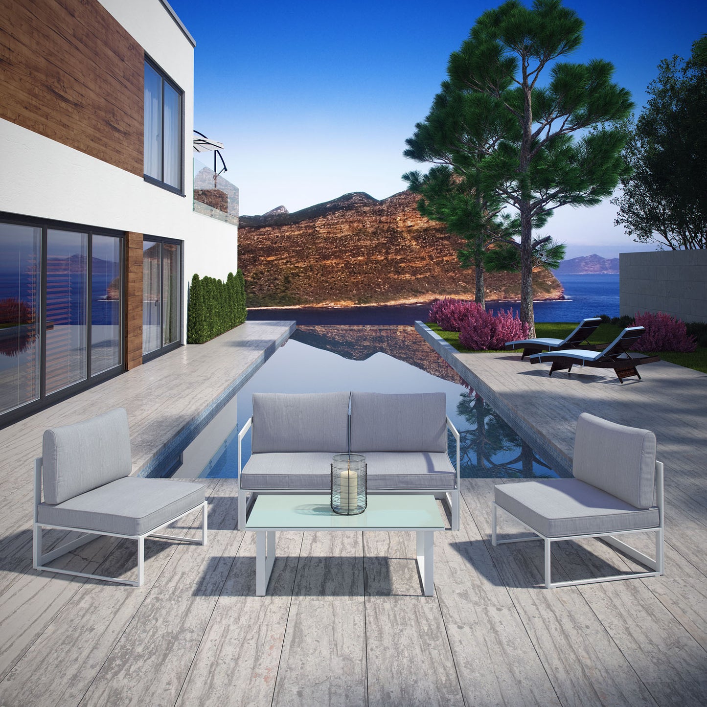 Modway Outlet Fortuna 5 Piece Outdoor Patio Sectional Sofa Set by Modway Outdoor Furniture Furniture White Gray - EEI-1724-WHI-GRY-SET