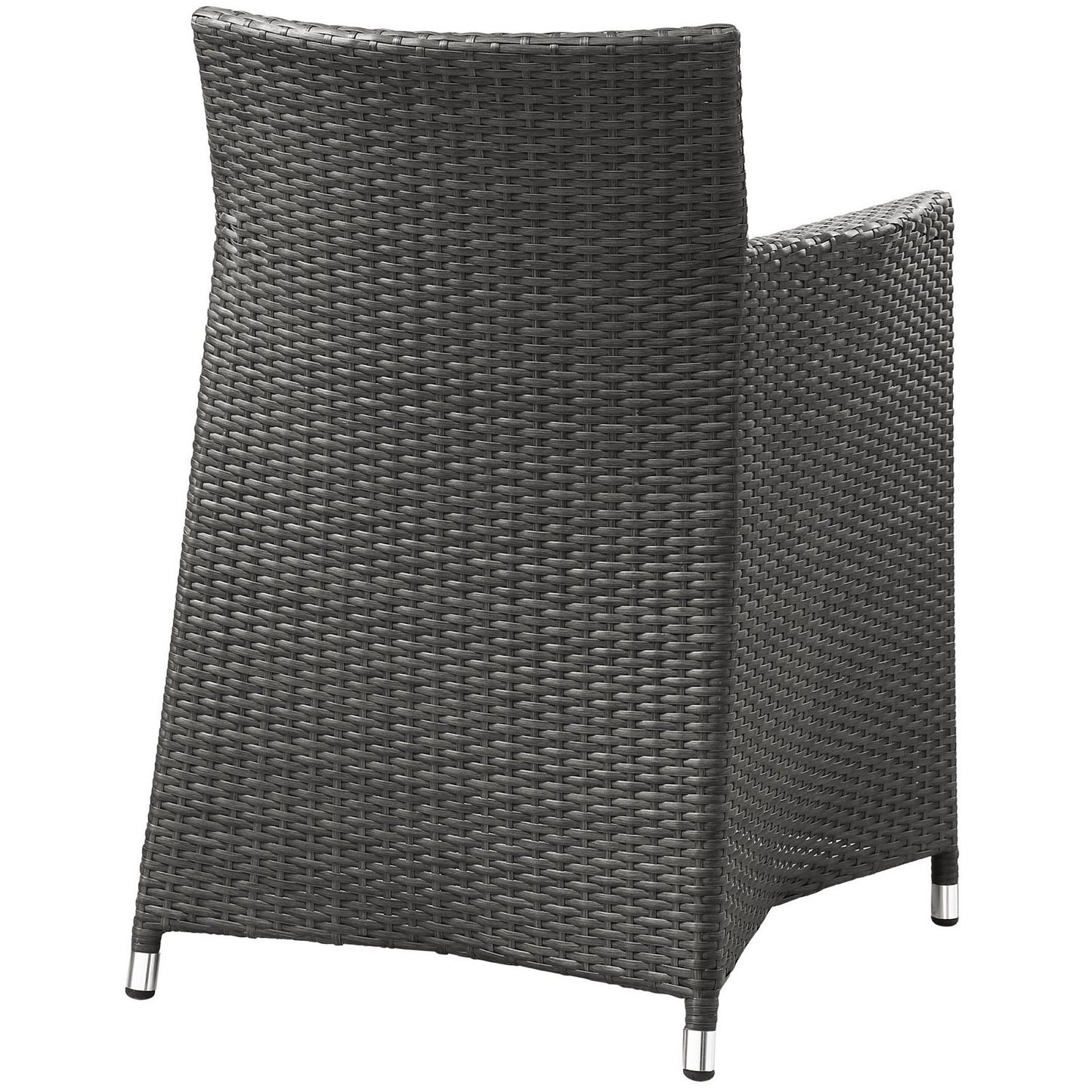 Dark brown woven resin wicker outdoor armchairs with metal feet and high backs; set of 2.