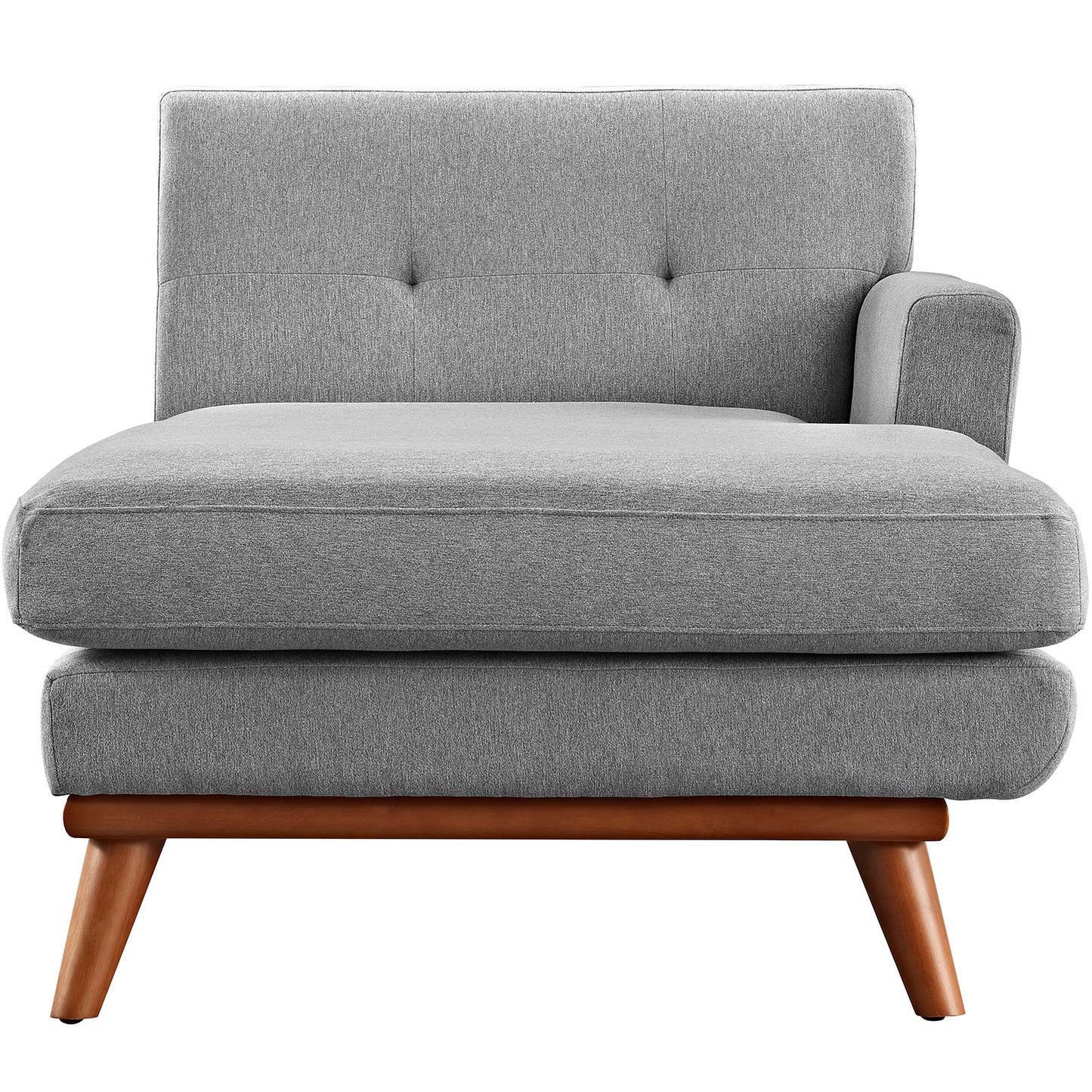 Gray fabric mid-century modern lounge chair with tufted back, armrest, thick seat cushion, and angled wooden legs.