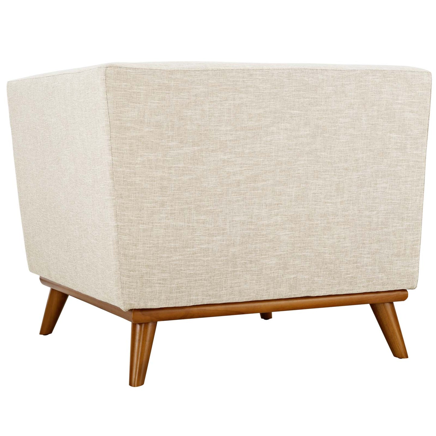 Beige linen-look upholstered fabric corner chair with a boxy back and tapered wooden legs, mid-century style.