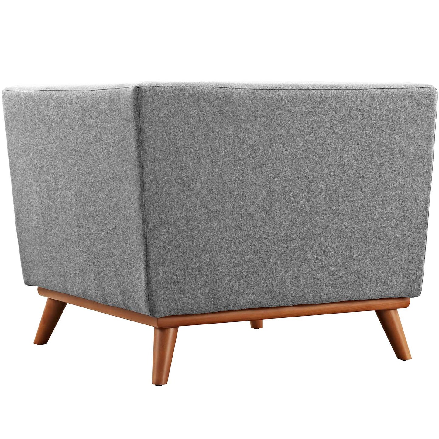 Gray upholstered fabric corner chair with angled wooden legs and a low wooden frame in mid-century style.