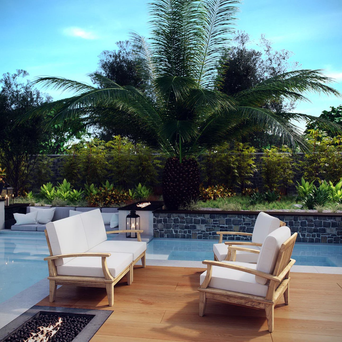 Modway - Marina 4 Piece Outdoor Patio Teak Set by Modway Outdoor Furniture Sofa Sectionals White - EEI-1818-NAT-WHI-SET