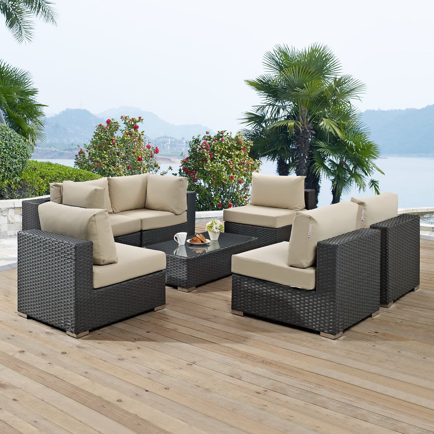Modway Outlet Sojourn 7 Piece Outdoor Patio Sunbrella? Sectional Set by Modway Outdoor Furniture Furniture Canvas Antique Beige - EEI-1883-CHC-BEI-SET