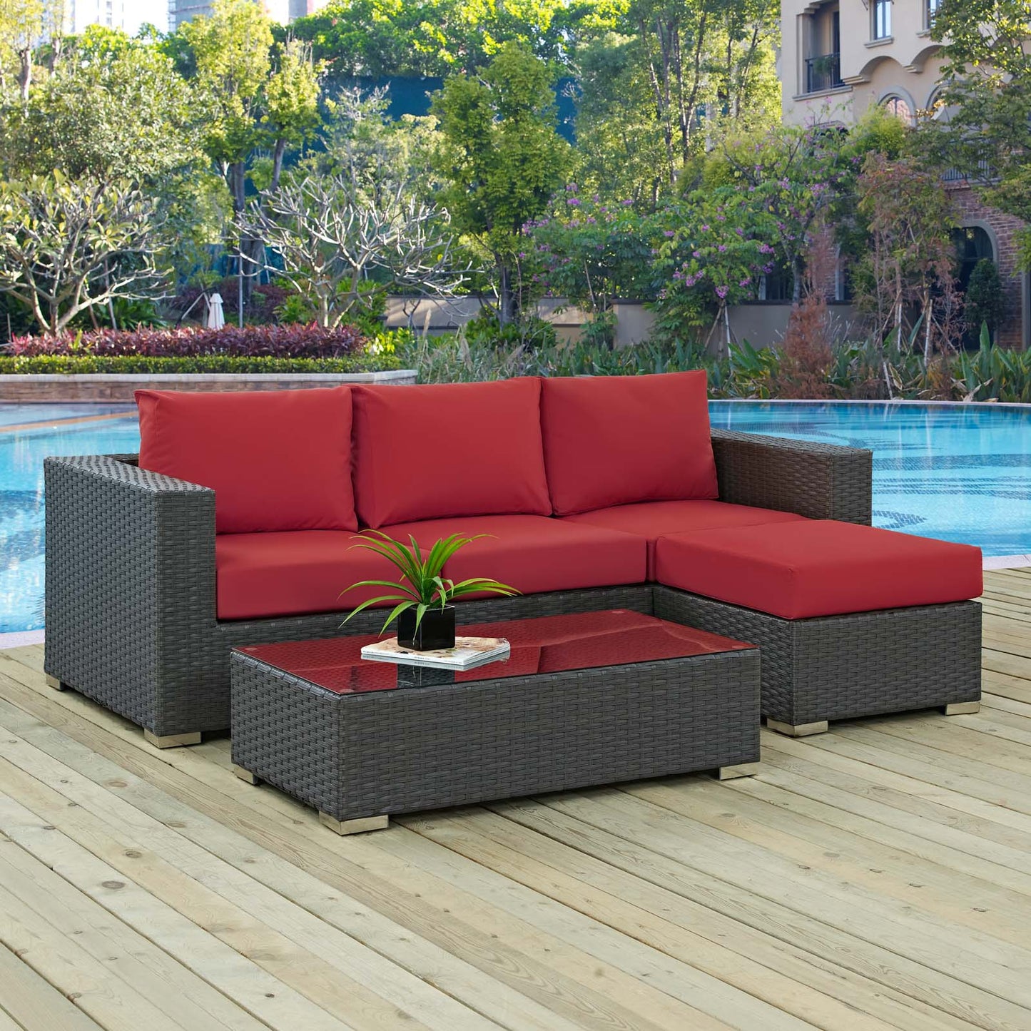 Modway Outlet Sojourn 3 Piece Outdoor Patio Sunbrella? Sectional Set by Modway Outdoor Furniture Furniture Canvas Red - EEI-1889-CHC-RED-SET