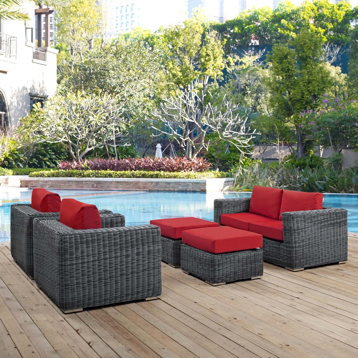 Modway Outlet Summon 5 Piece Outdoor Patio Sunbrella? Sectional Set by Modway Outdoor Furniture Furniture Canvas Red - EEI-1893-GRY-RED-SET