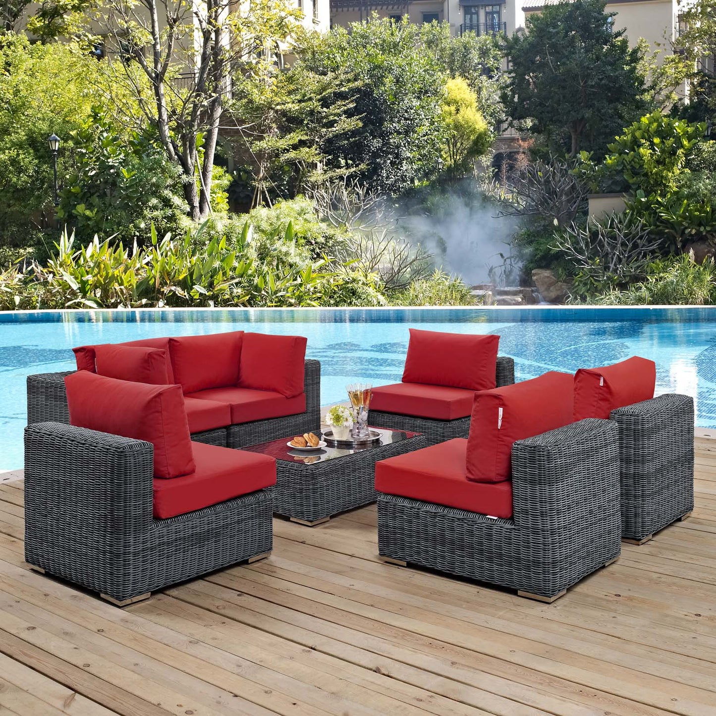 Modway Outlet Summon 7 Piece Outdoor Patio Sunbrella? Sectional Set by Modway Outdoor Furniture Furniture Canvas Red - EEI-1897-GRY-RED-SET