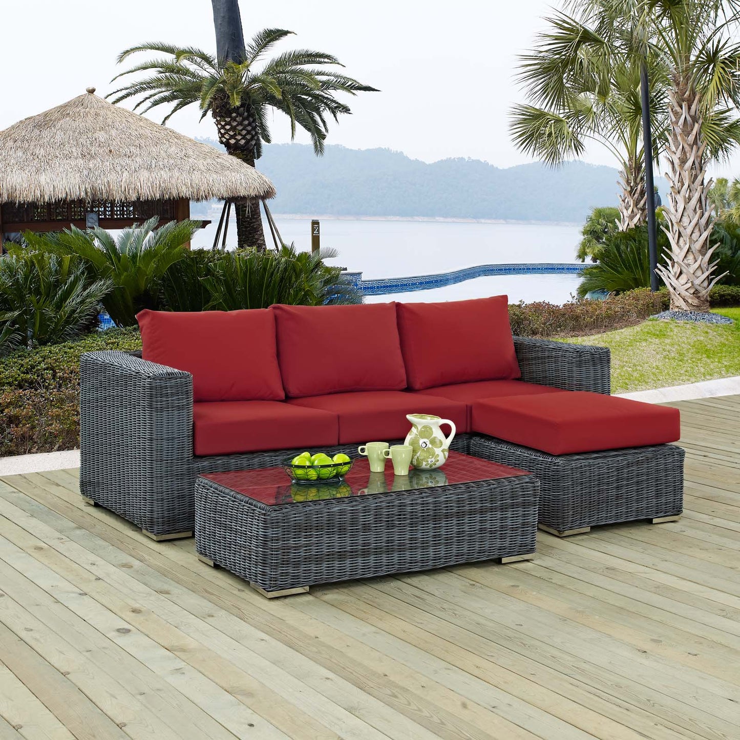 Modway Outlet Summon 3 Piece Outdoor Patio Sunbrella? Sectional Set by Modway Outdoor Furniture Furniture Canvas Red - EEI-1903-GRY-RED-SET