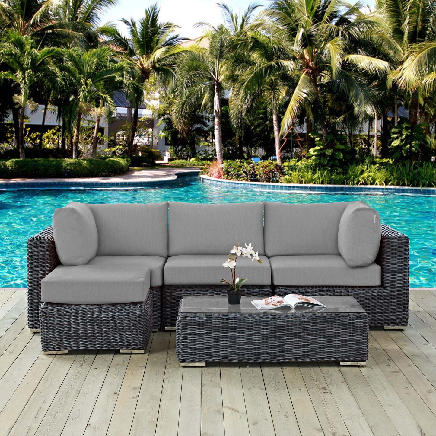 Modway Outlet Summon 5 Piece Outdoor Patio Sunbrella? Sectional Set by Modway Outdoor Furniture Furniture Canvas Gray - EEI-1904-GRY-GRY-SET