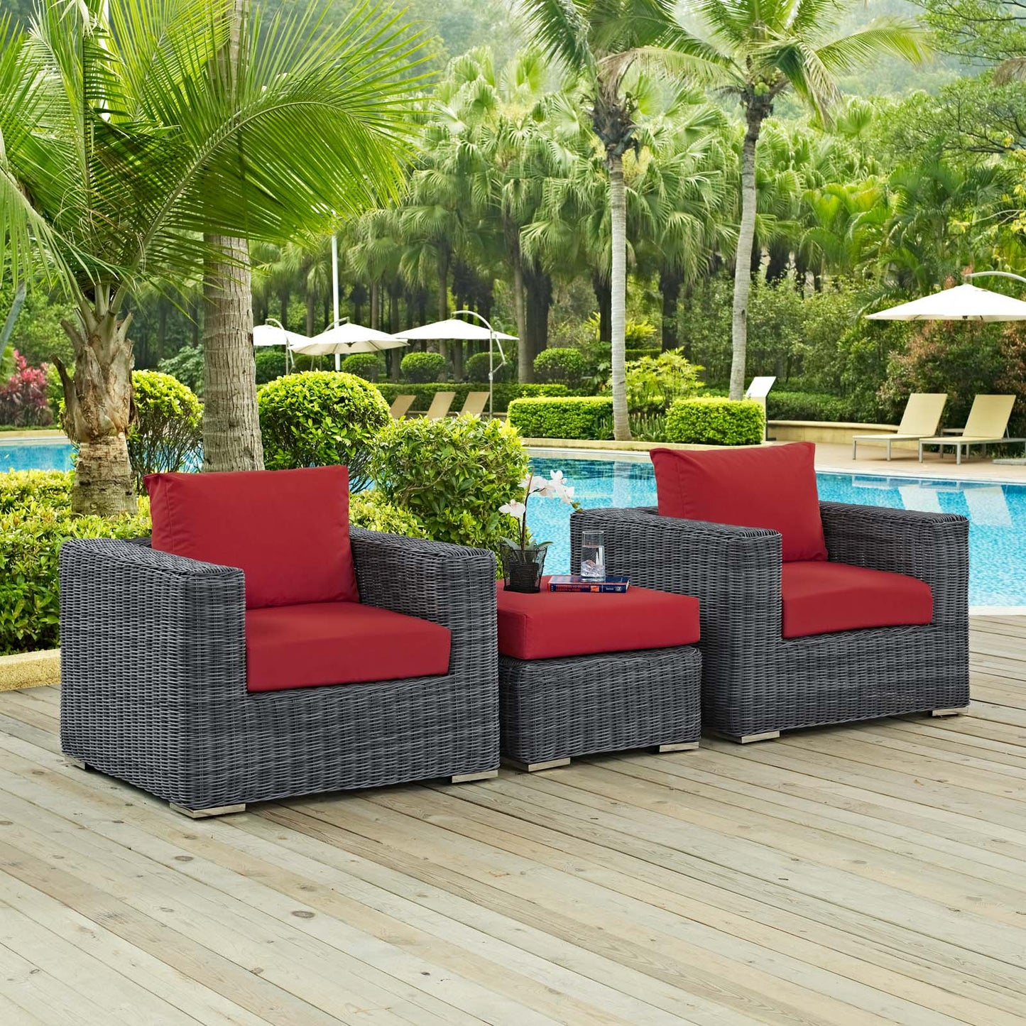 Modway Outlet Summon 3 Piece Outdoor Patio Sunbrella? Sectional Set by Modway Outdoor Furniture Furniture Canvas Red - EEI-1905-GRY-RED-SET