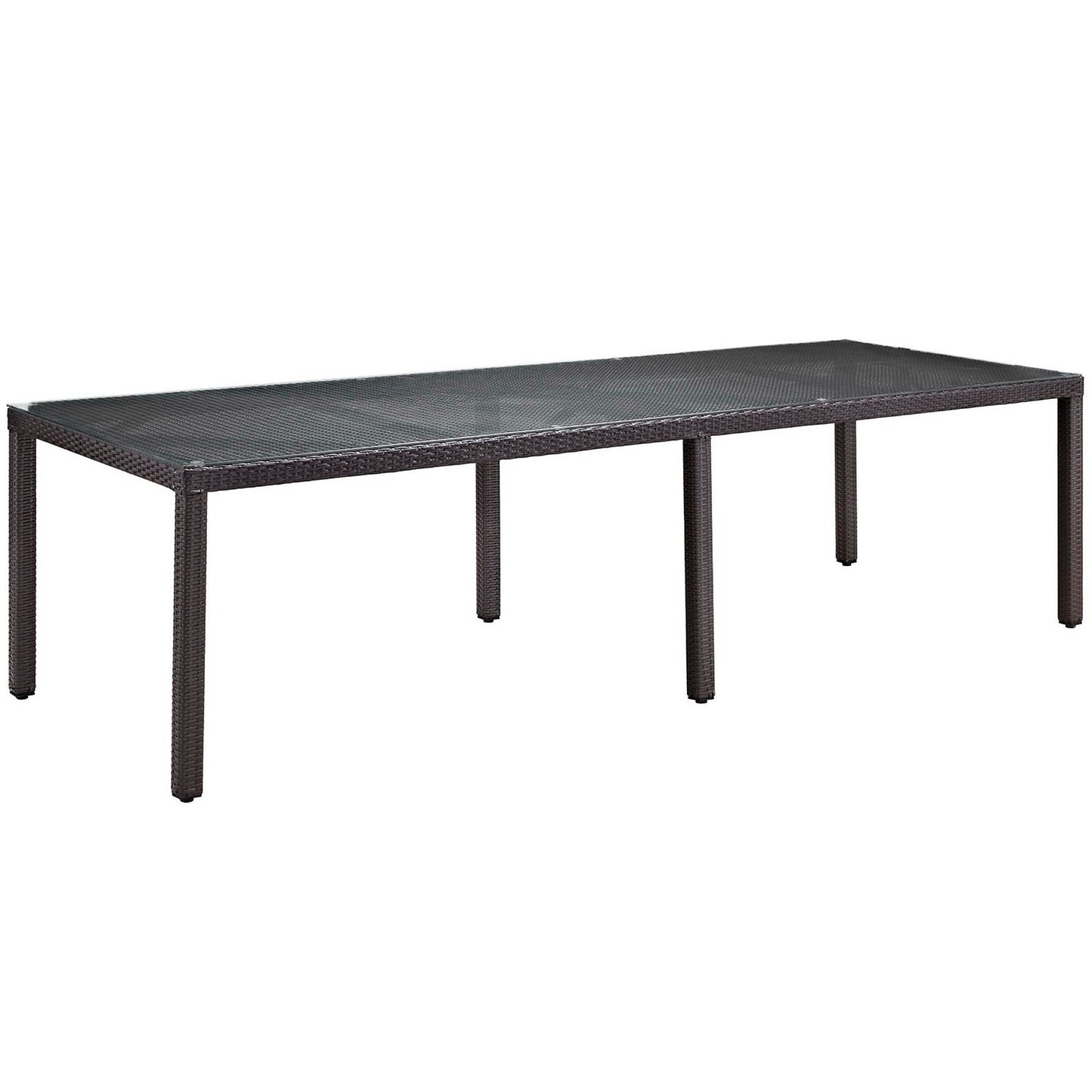 Long rectangular outdoor wicker dining table in dark brown woven rattan with four straight legs.
