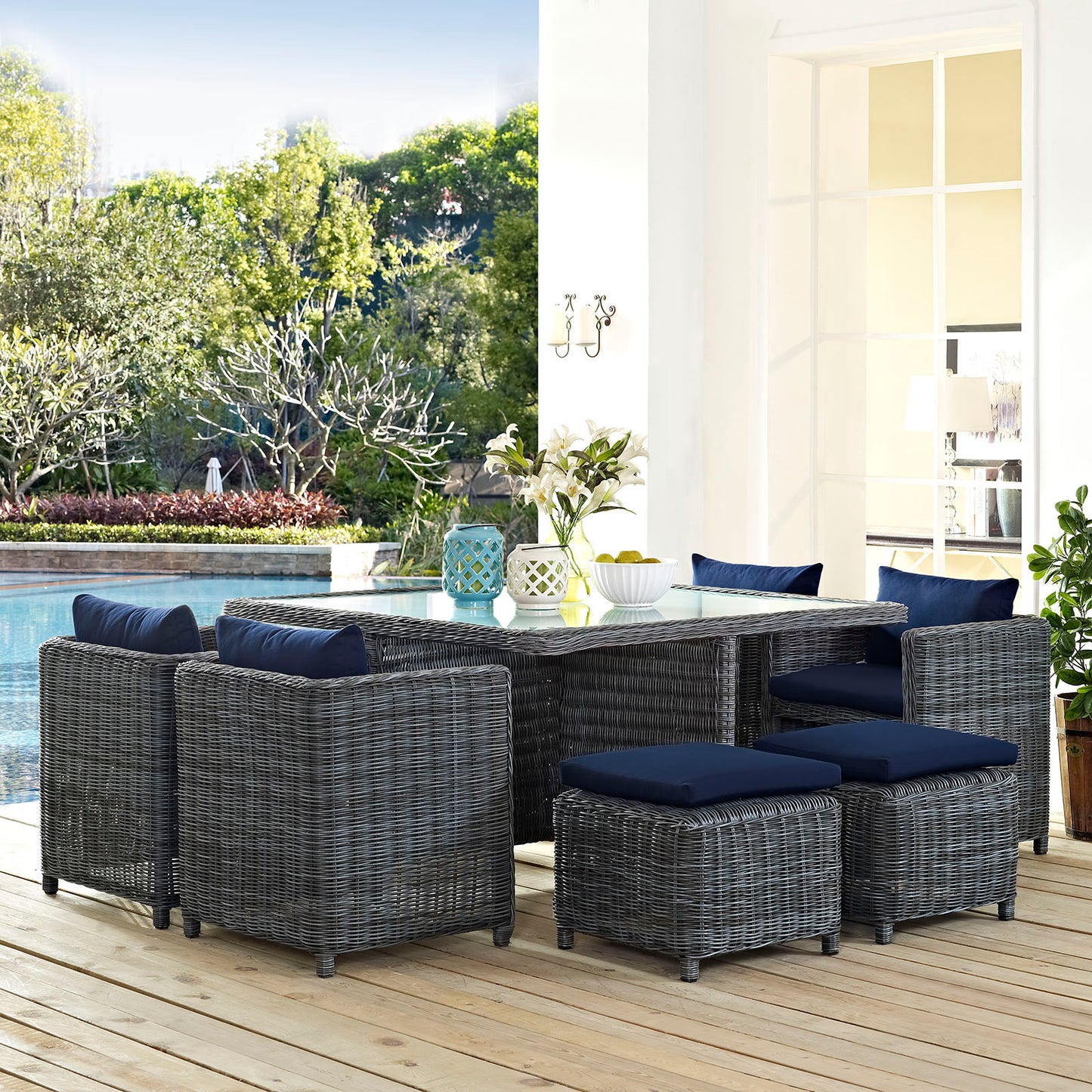Modway Outlet Summon 9 Piece Outdoor Patio Sunbrella? Dining Set by Modway Outdoor Furniture Furniture Canvas Navy - EEI-1947-GRY-NAV-SET
