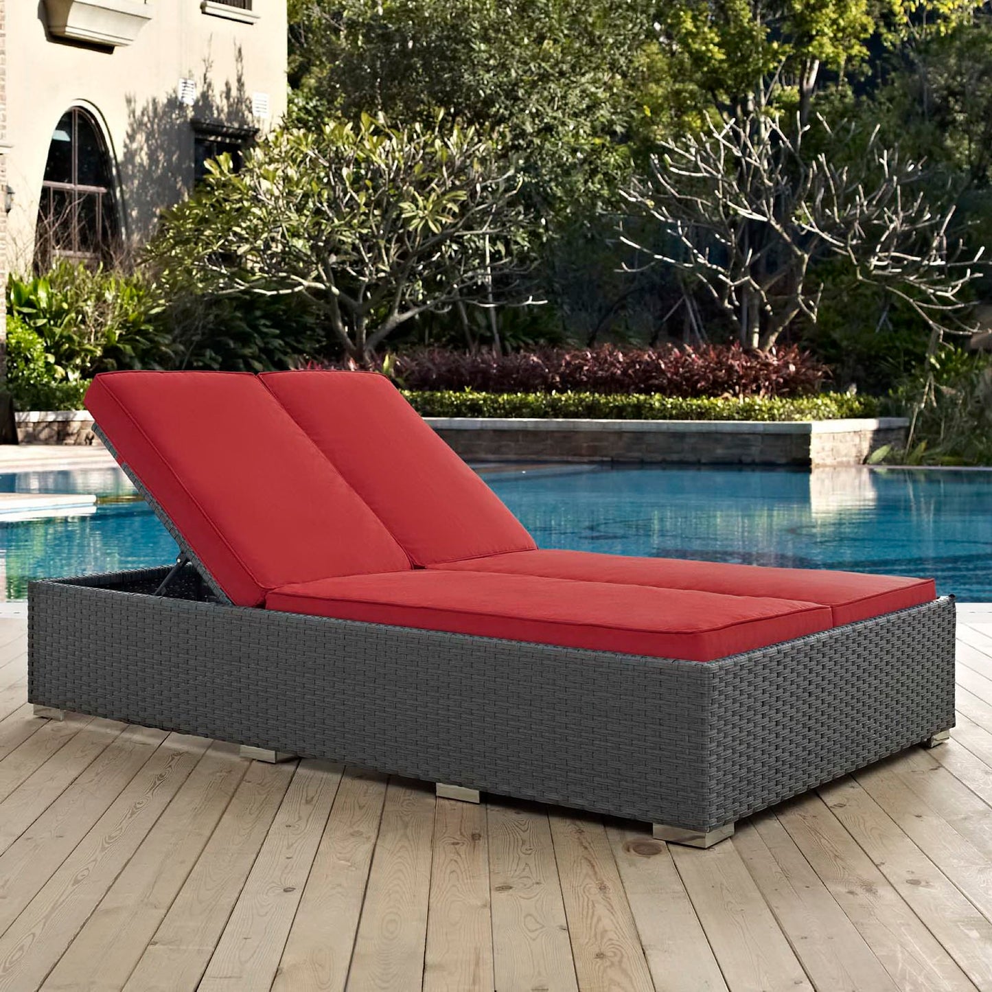 Modway Outlet Sojourn Outdoor Patio Sunbrella? Double Chaise by Modway Outdoor Furniture Furniture Chocolate Red - EEI-1983-CHC-RED
