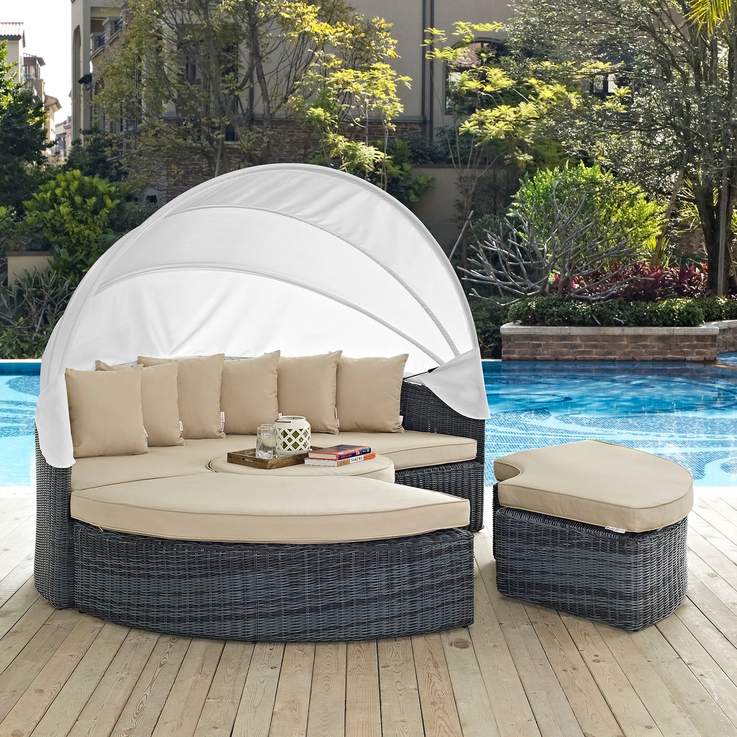 Modway Outlet Summon Canopy Outdoor Patio Sunbrella? Daybed by Modway Outdoor Furniture Furniture Antique Canvas Beige - EEI-1997-GRY-BEI-SET