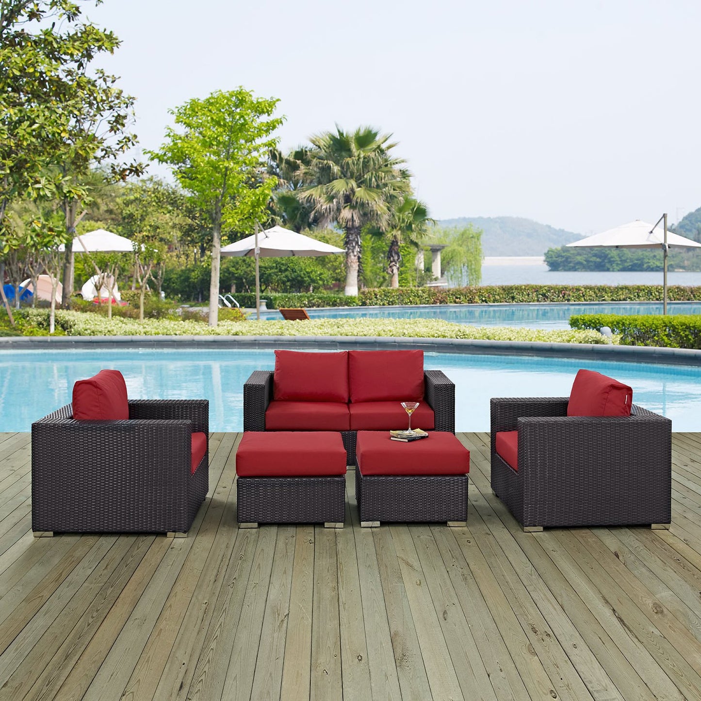Modway Outlet Convene 5 Piece Outdoor Patio Sofa Set by Modway Outdoor Furniture Furniture Espresso Red - EEI-2158-EXP-RED-SET