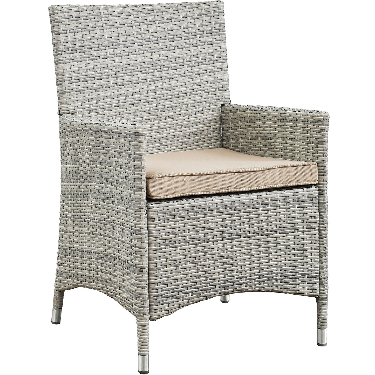 Light gray woven rattan outdoor armchairs with beige cushions; part of a 4-piece outdoor conversation set, featuring tall backs, curved arms and metal-tipped legs.