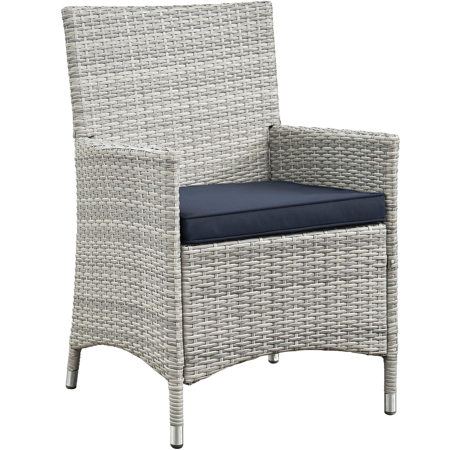 Light gray wicker 4-piece outdoor conversation set with navy cushions; high-back seating with straight arms and metal-tipped feet.