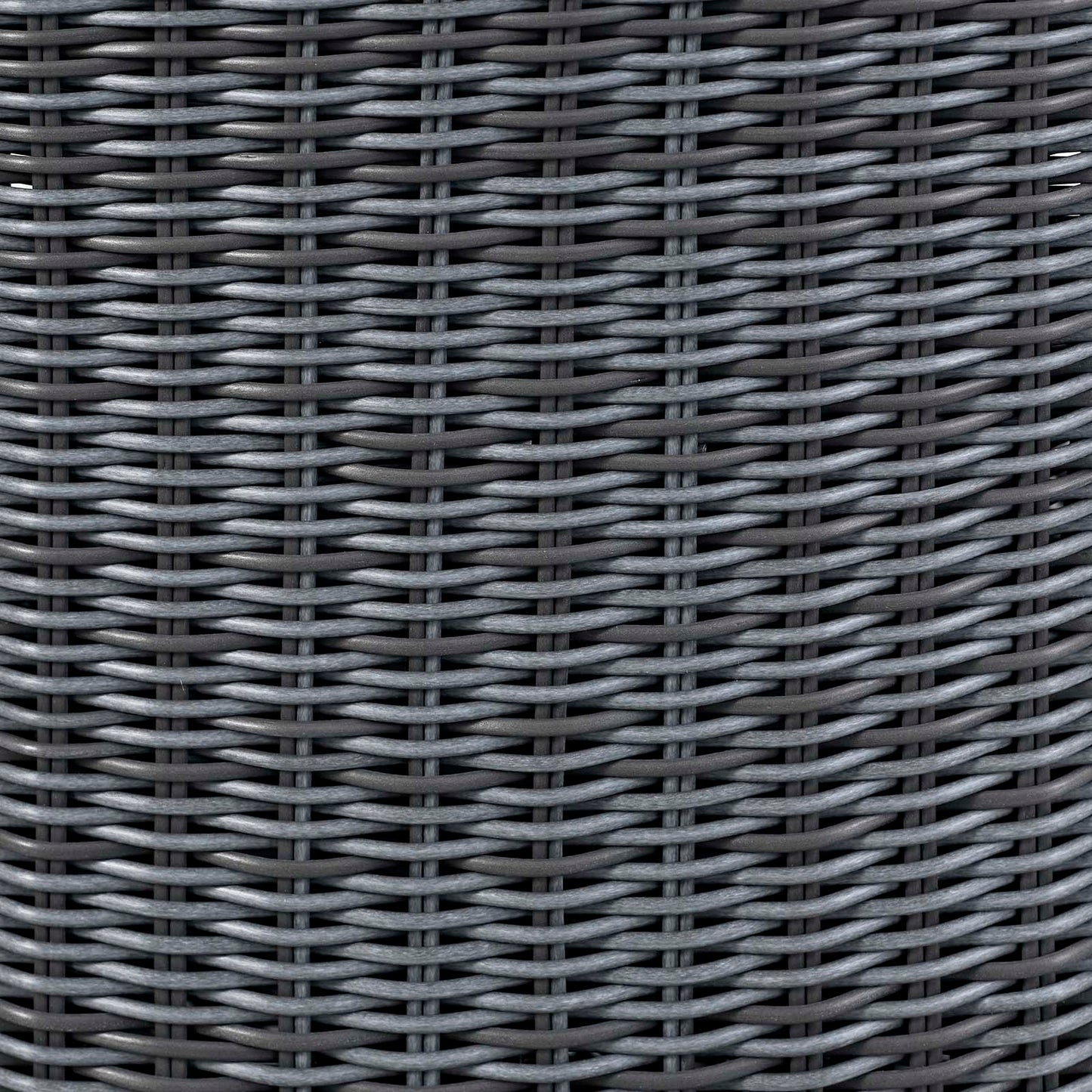 Close-up of gray wicker weave with dark charcoal synthetic rattan, outdoor furniture texture