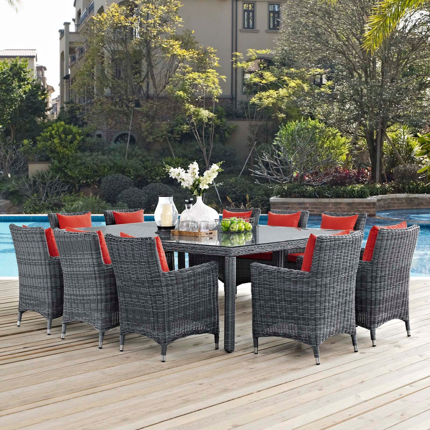 Modway Outlet Summon 11 Piece Outdoor Patio Sunbrella? Dining Set by Modway Outdoor Furniture Furniture Canvas Red - EEI-2333-GRY-RED-SET