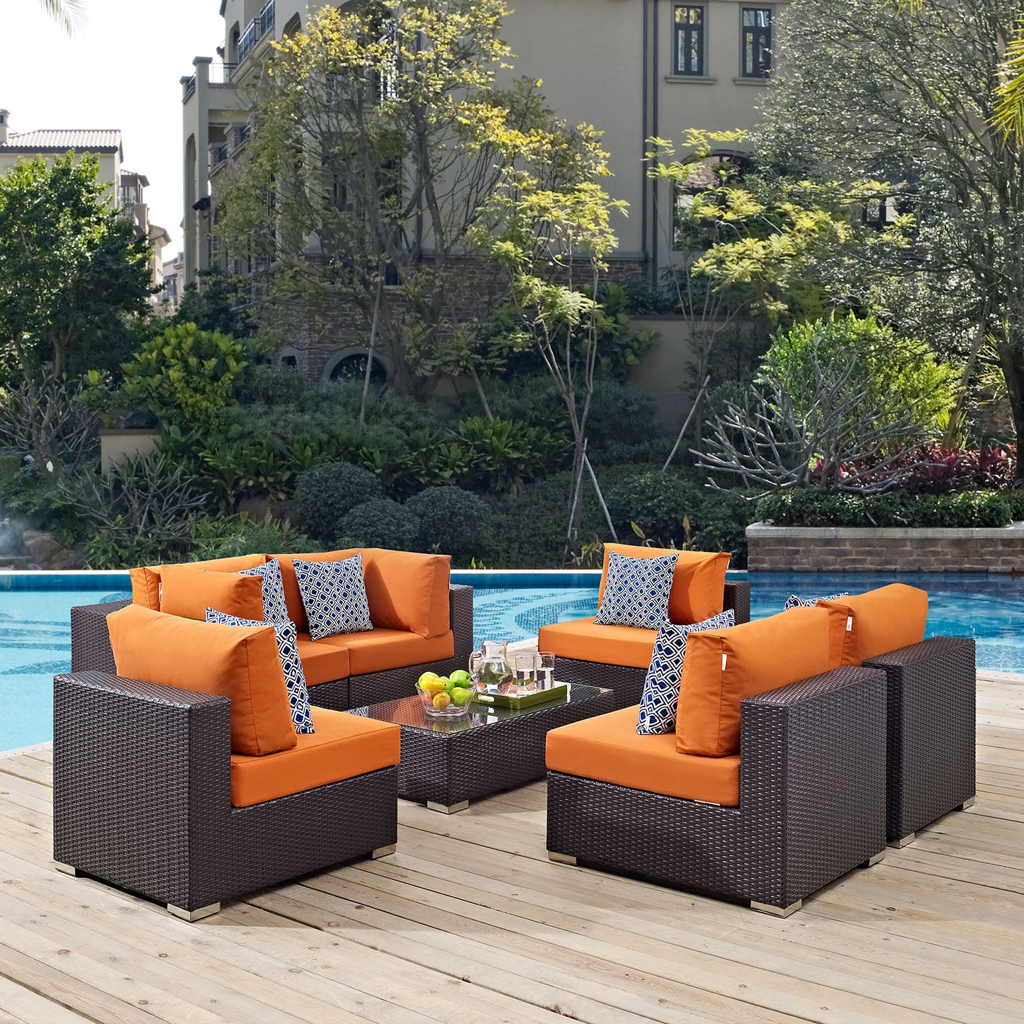 Modway Outlet Convene 7 Piece Outdoor Patio Sectional Set by Modway Outdoor Furniture Furniture Espresso Orange - EEI-2357-EXP-ORA-SET