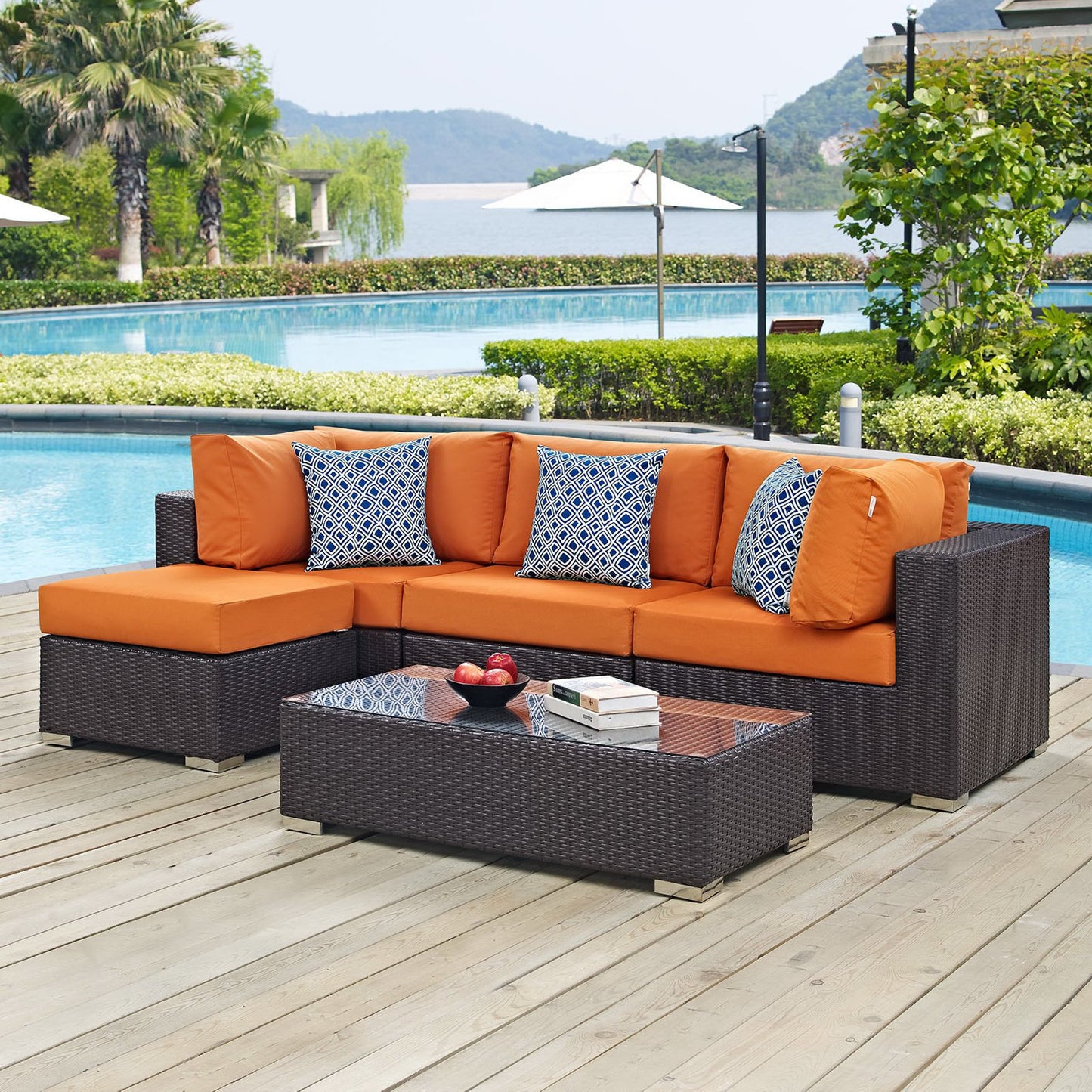Modway Outlet Convene 5 Piece Outdoor Patio Sectional Set by Modway Outdoor Furniture Furniture Espresso Orange - EEI-2362-EXP-ORA-SET