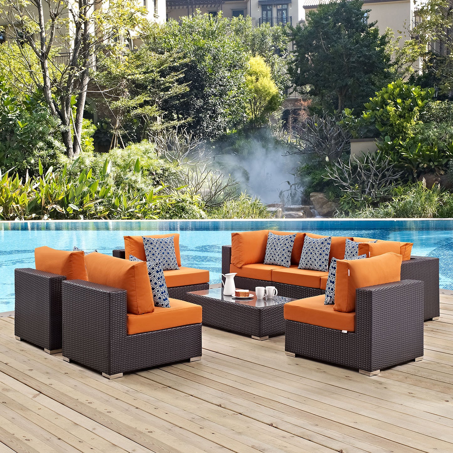 Modway Outlet Convene 8 Piece Outdoor Patio Sectional Set by Modway Outdoor Furniture Furniture Espresso Orange - EEI-2370-EXP-ORA-SET