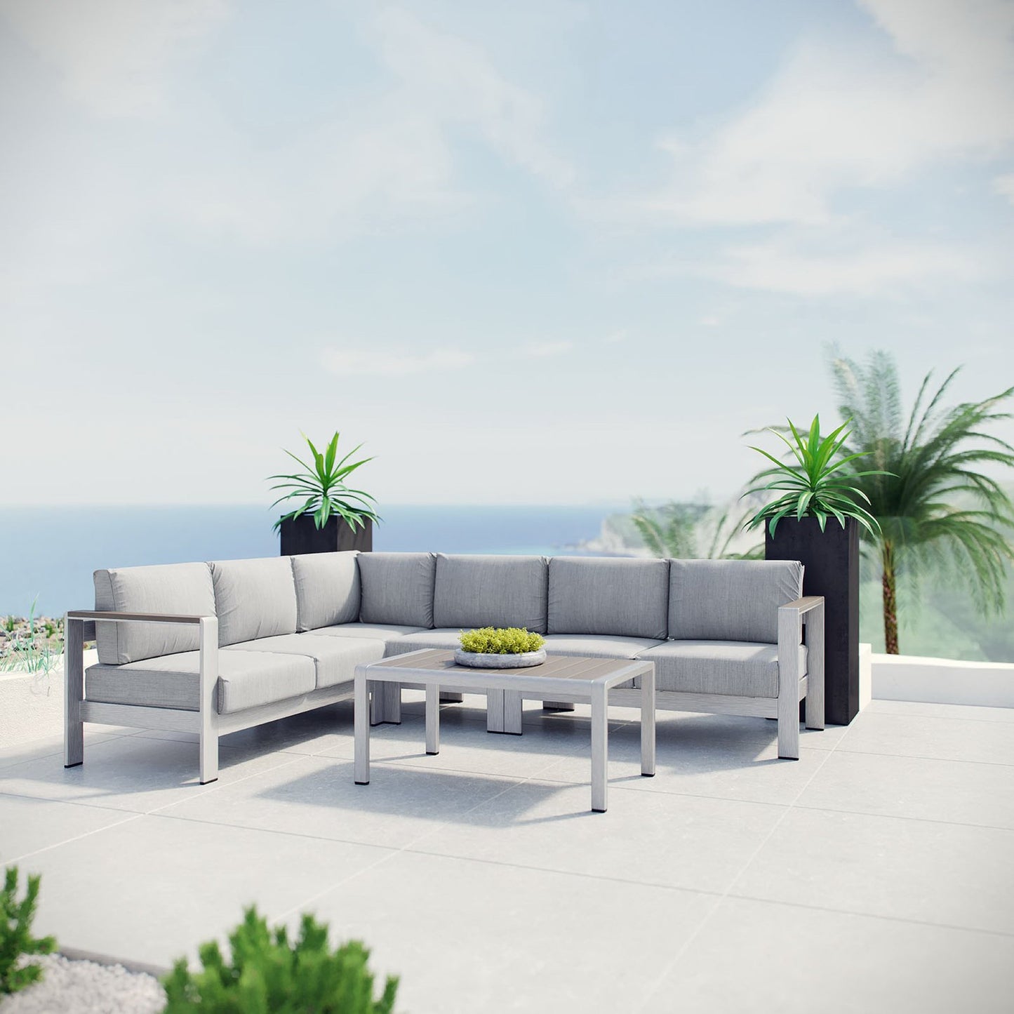 Modway - Shore 5 Piece Outdoor Patio Aluminum Sectional Sofa Set by Modway Outdoor Furniture Sofa Sectionals Gray - EEI-2557-SLV-GRY