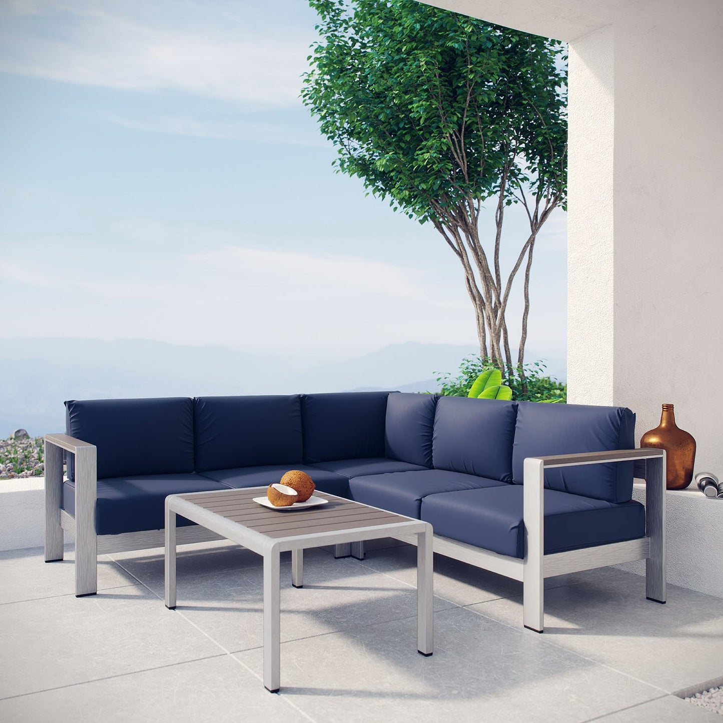 Modway - Shore 4 Piece Outdoor Patio Aluminum Sectional Sofa Set by Modway Outdoor Furniture Sofa Sectionals Blue - EEI-2559-SLV-NAV