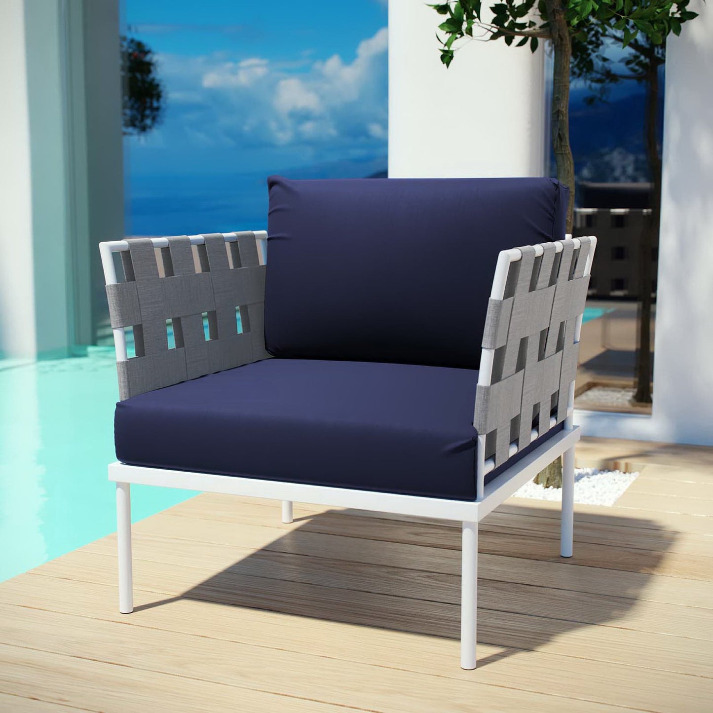 Modway Outlet Harmony Outdoor Patio Aluminum Armchair by Modway Outdoor Furniture Furniture White Navy - EEI-2602-WHI-NAV
