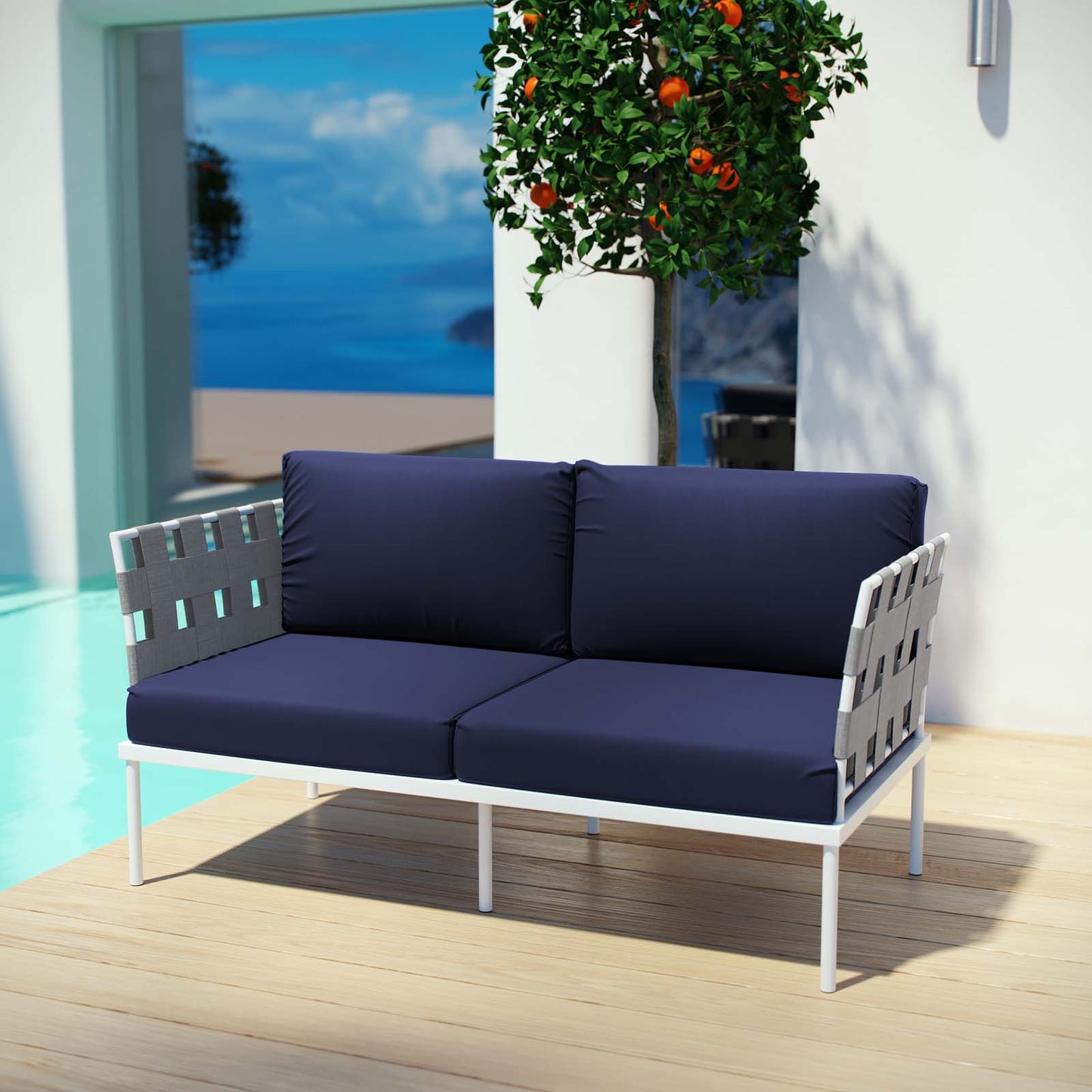 Modway Outlet Harmony Outdoor Patio Aluminum Loveseat by Modway Outdoor Furniture Furniture White Navy - EEI-2603-WHI-NAV