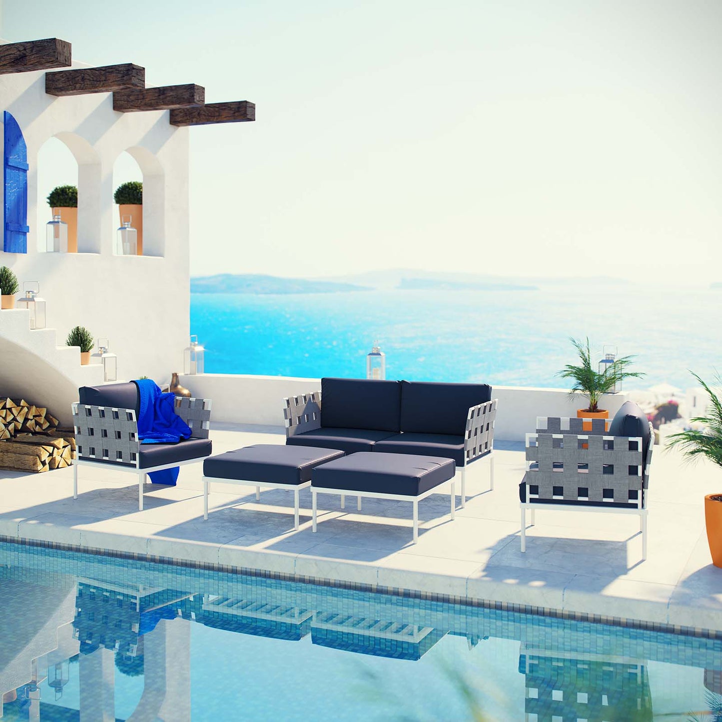 Modway Outlet Harmony 5 Piece Outdoor Patio Aluminum Sectional Sofa Set by Modway Outdoor Furniture Furniture White Navy - EEI-2621-WHI-NAV-SET