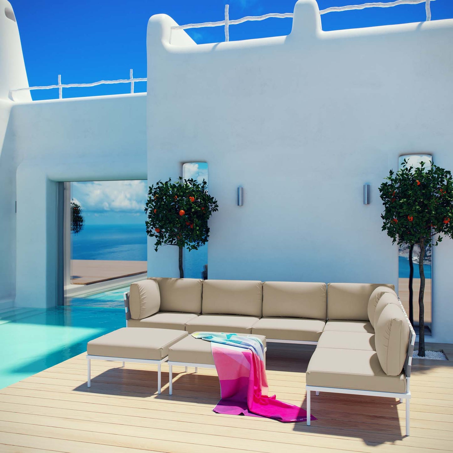 Modway Outlet Harmony 8 Piece Outdoor Patio Aluminum Sectional Sofa Set by Modway Outdoor Furniture Furniture White Beige - EEI-2624-WHI-BEI-SET