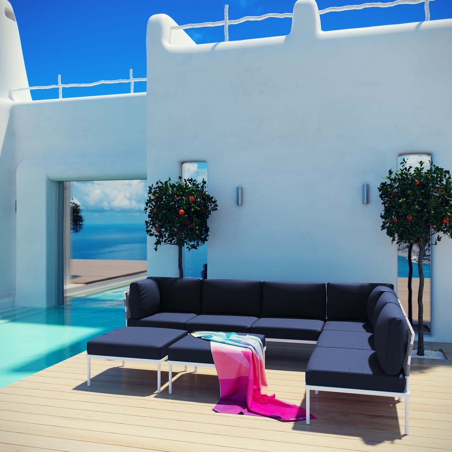 Modway Outlet Harmony 8 Piece Outdoor Patio Aluminum Sectional Sofa Set by Modway Outdoor Furniture Furniture White Navy - EEI-2624-WHI-NAV-SET