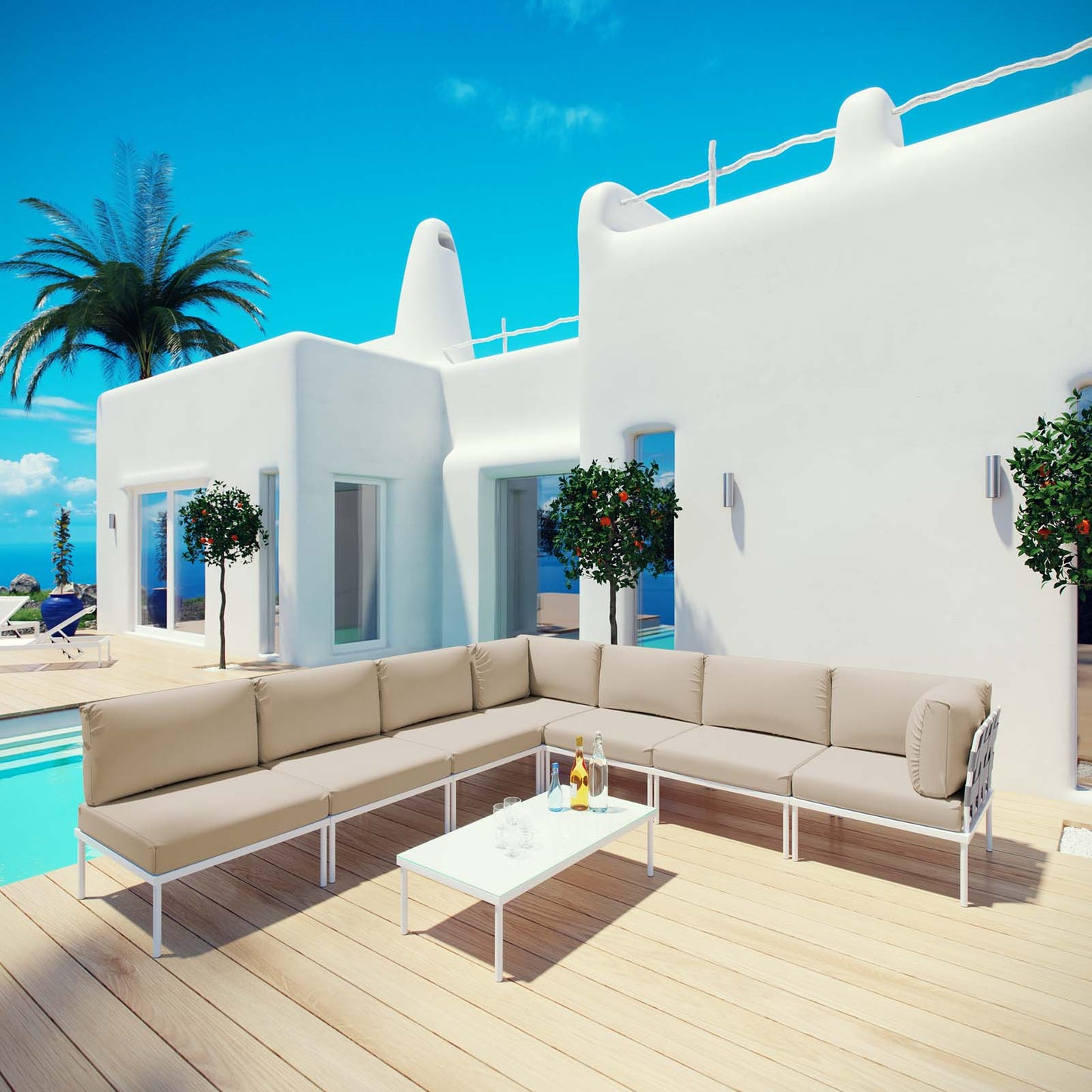 Modway Outlet Harmony 8 Piece Outdoor Patio Aluminum Sectional Sofa Set by Modway Outdoor Furniture Furniture White Beige - EEI-2625-WHI-BEI-SET